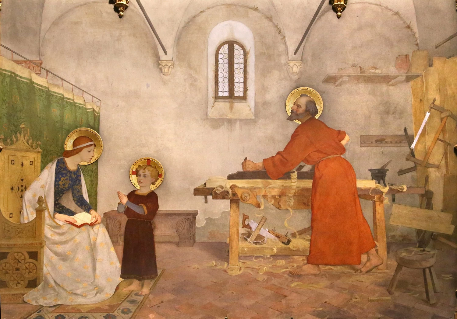 14-Modesto Faustini - decorazione plastico. Bottega di Giuseppe falegname con Maria e Gesù bambino - Santuario della Santa Casa di Loreto - dettaglio